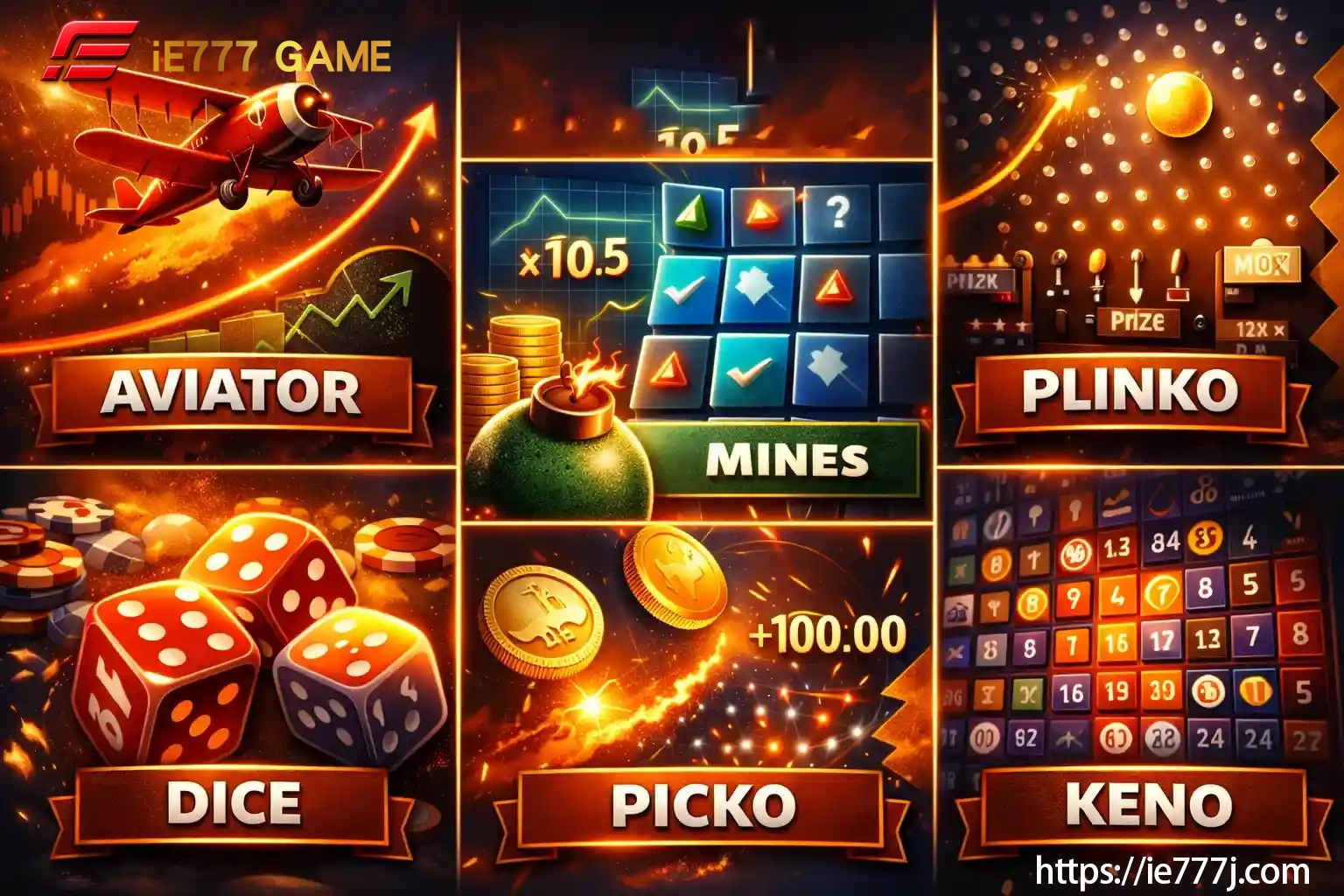 A collection of Aviator, Mines, Plinko, Dice, and Keno games